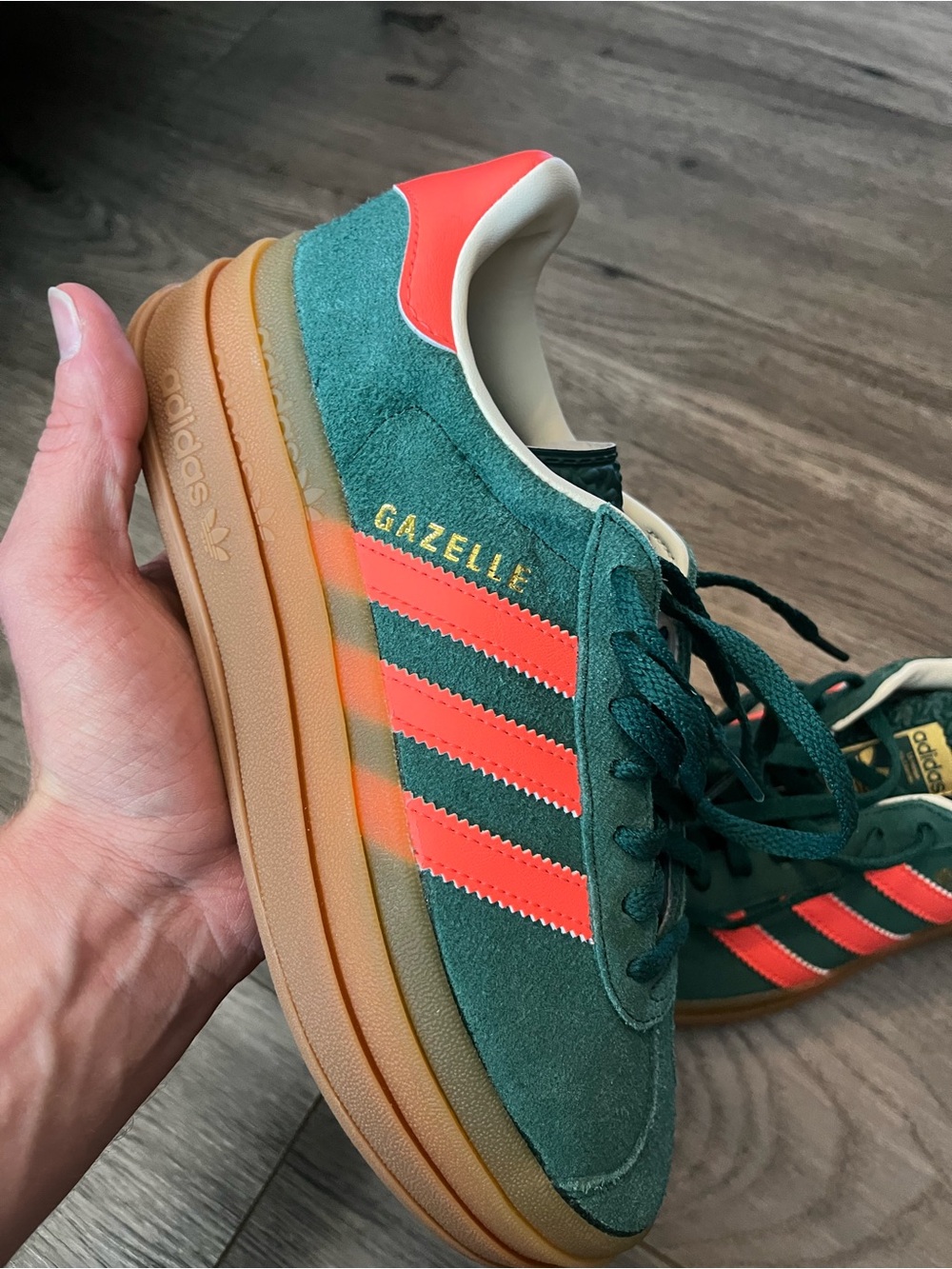 adidas Gazelle Platform Sneakers in Dark Green with Coral Highlights - Picture 9 of 10
